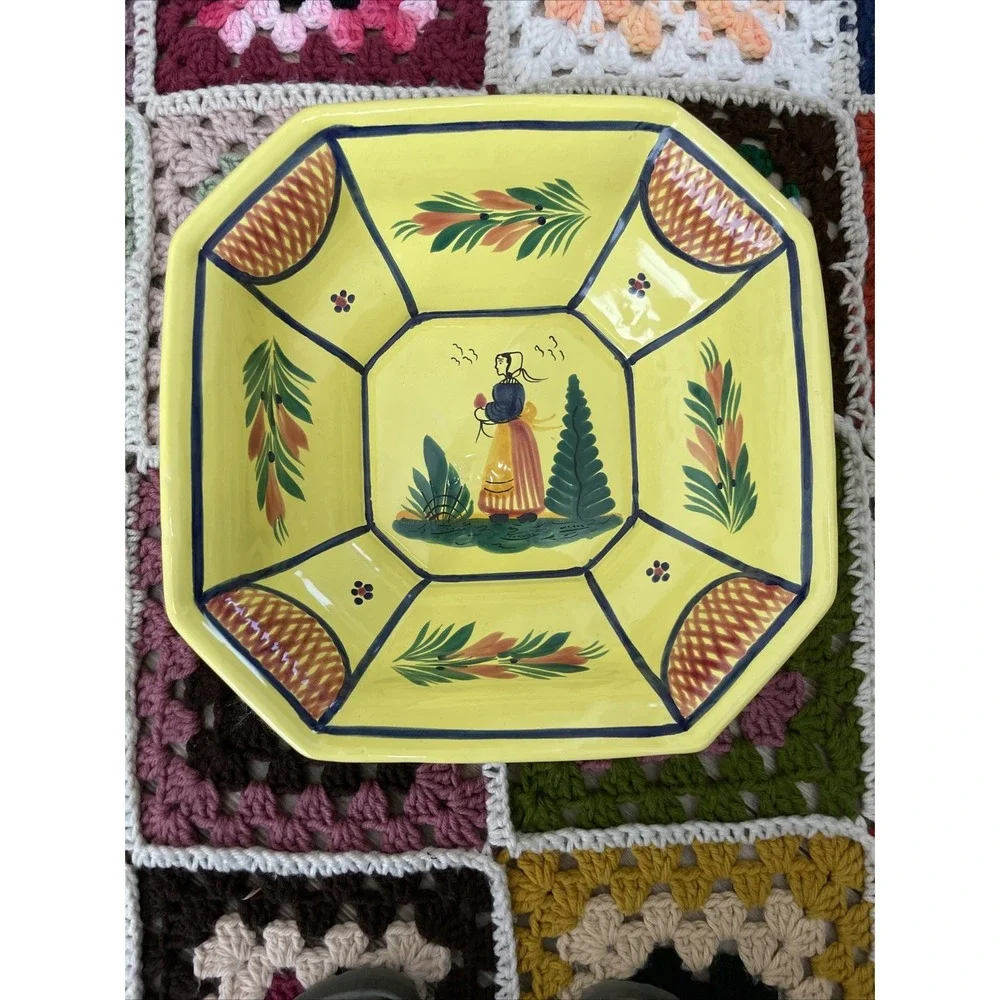 Quimper Octagonal Woman Serving Bowl‎ W/ Lattice  Soleil   11